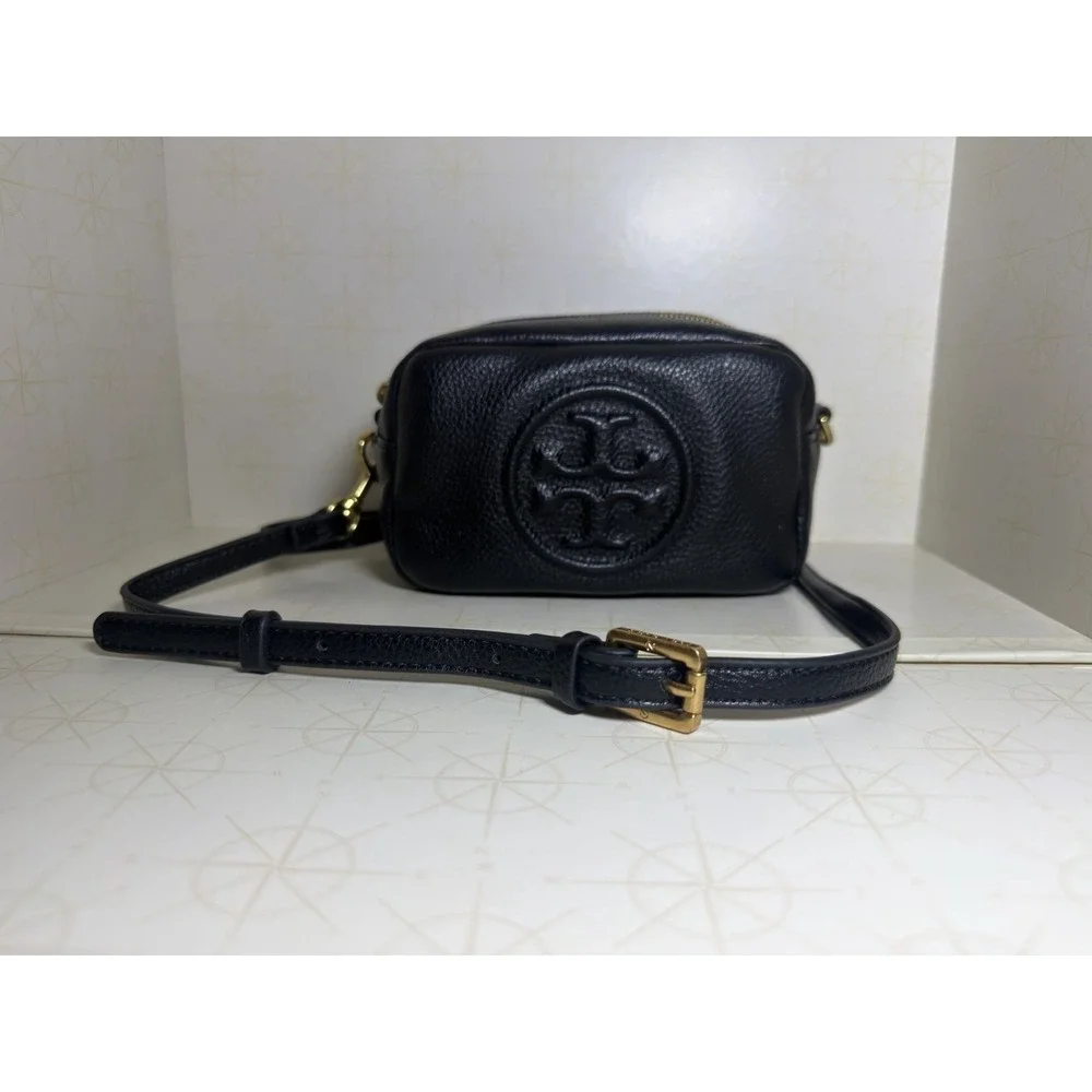 Tory Burch Perry Bombe Mini Crossbody Bag Black Pebbled Leather Gold Hardware